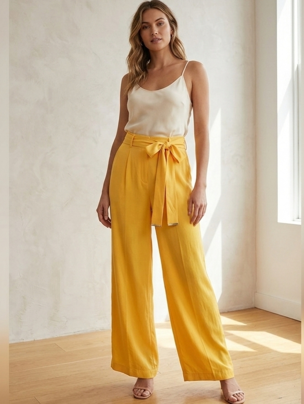 J.O.A. Yellow Wide-Leg Trousers Belted Tie Waist In Gold Size XS
